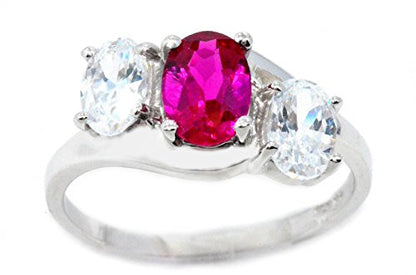 2 Ct Created Ruby & Zirconia Oval Ring .925 Sterling Silver Rhodium Finish