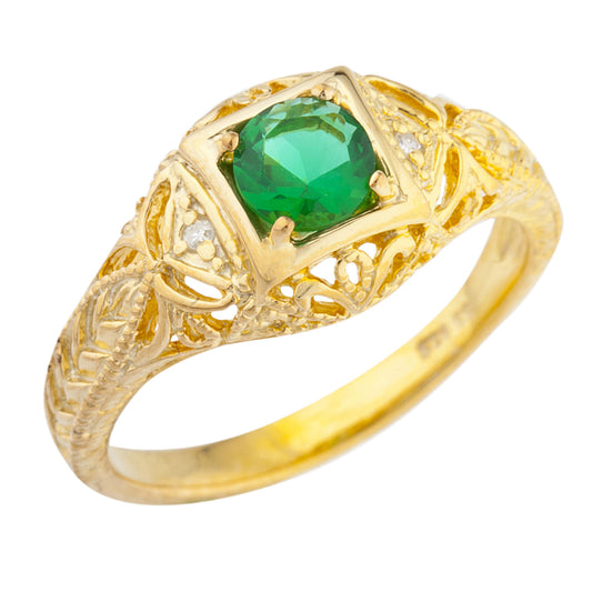 14Kt Gold Emerald & Diamond Design Round Ring