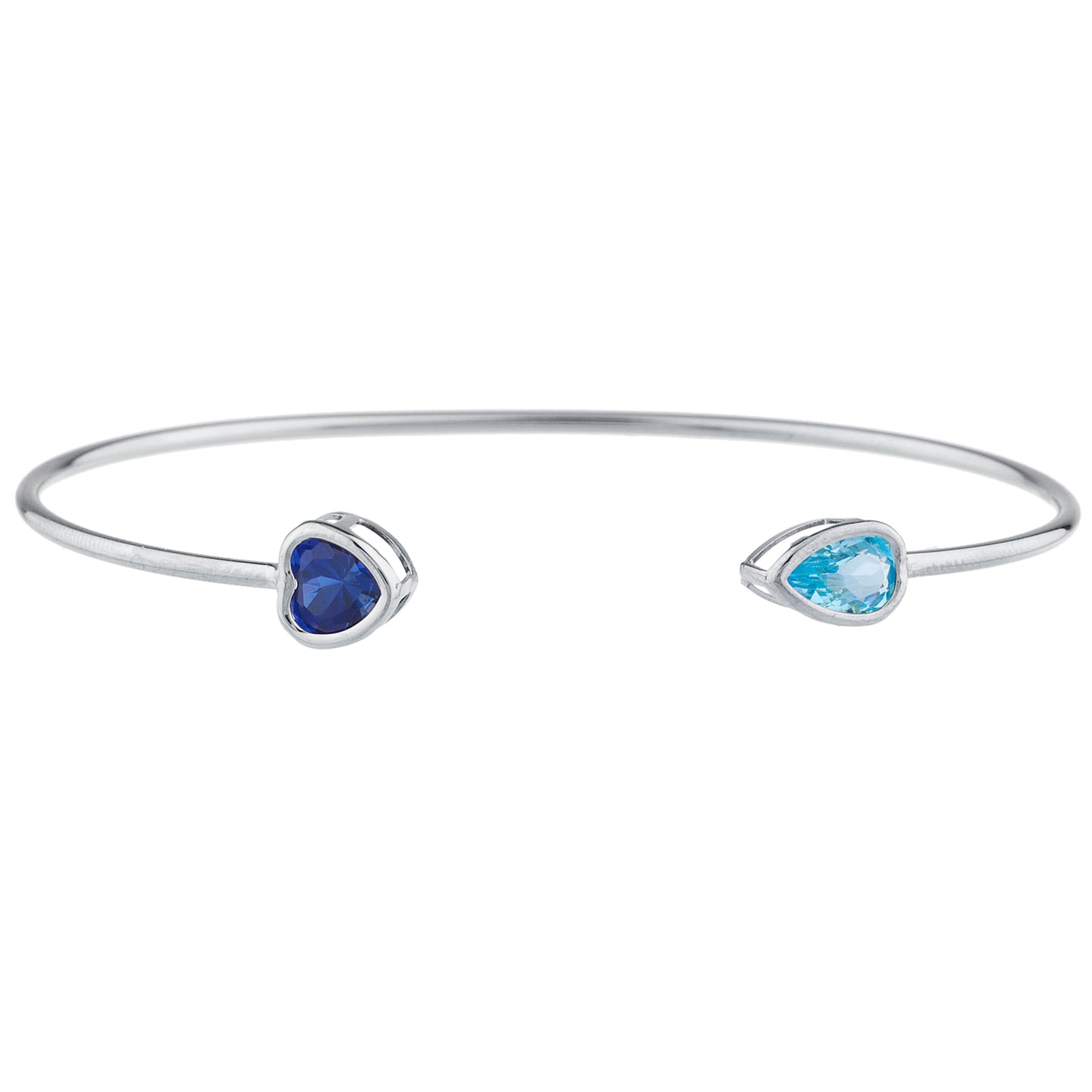 Blue Sapphire Heart & Blue Topaz Pear Bezel Bangle Bracelet .925 Sterling Silver Rhodium Finish