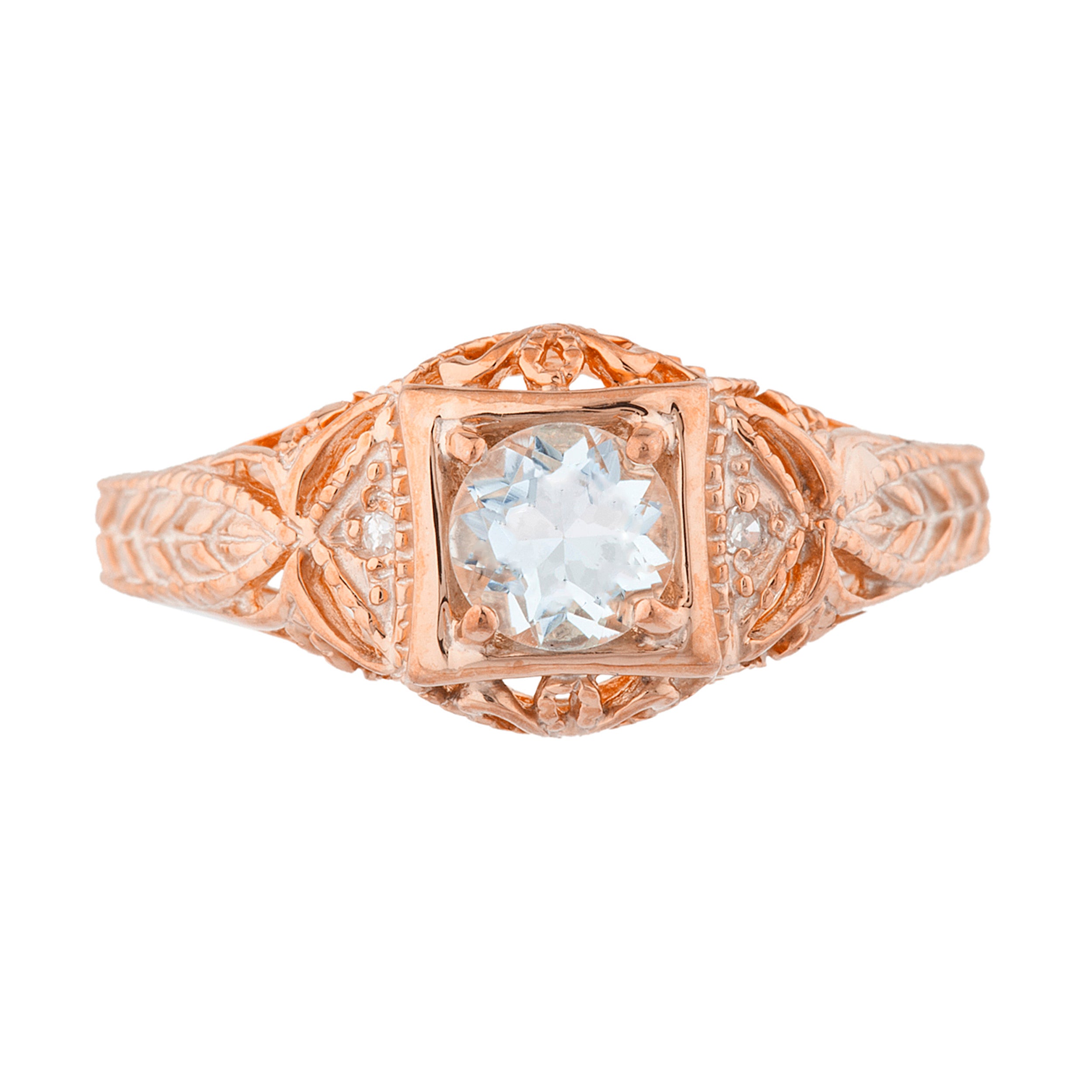 14Kt Gold Aquamarine & Diamond Design Round Ring