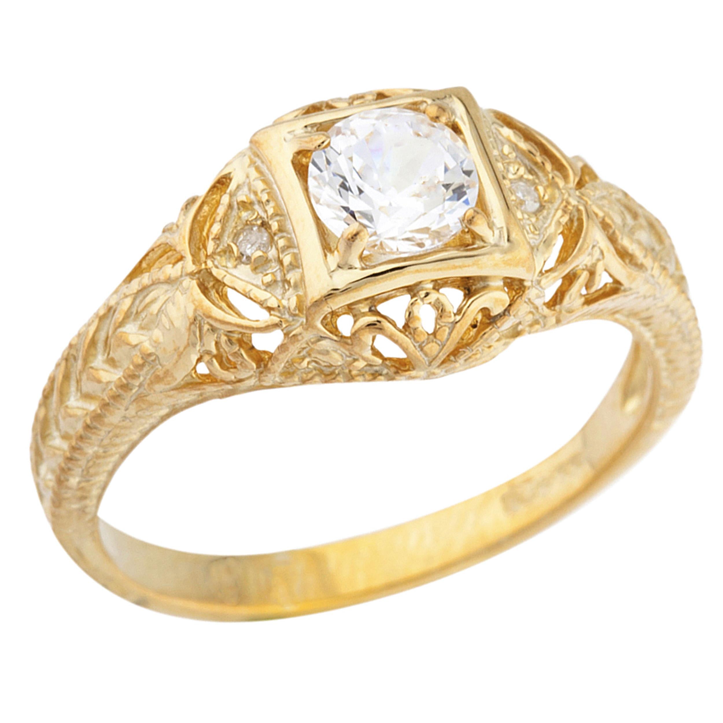 14Kt Gold White Sapphire & Diamond Design Round Ring