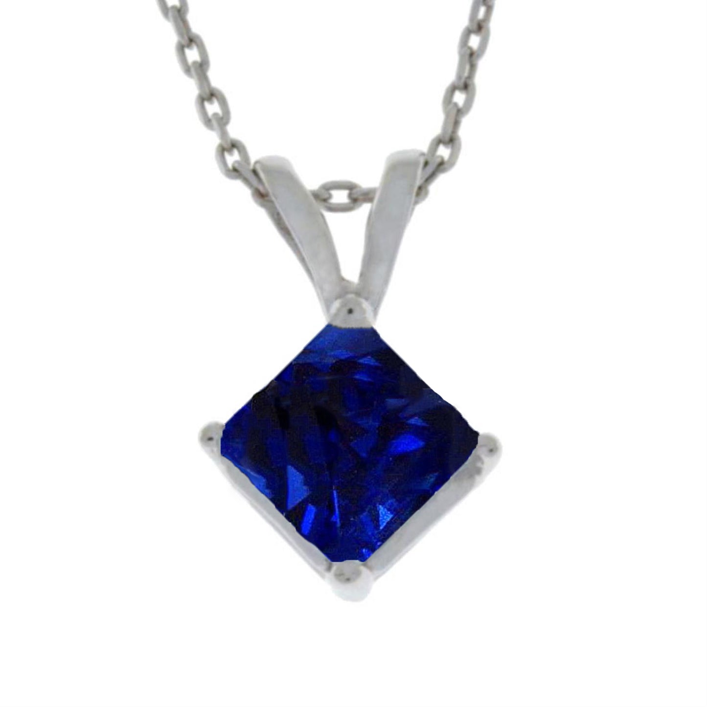 14Kt Gold Blue Sapphire Princess Cut Pendant Necklace