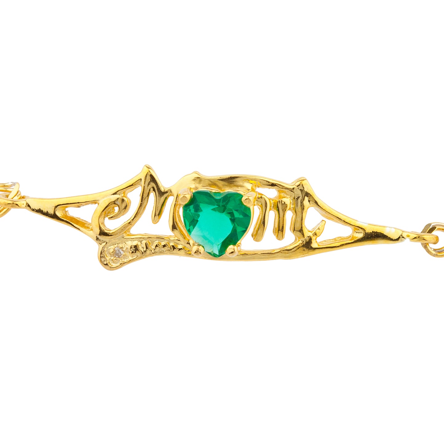 Simulated Emerald & Diamond Heart Mom Bracelet 14Kt Yellow Gold Plated Over .925 Sterling Silver