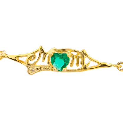 Simulated Emerald & Diamond Heart Mom Bracelet 14Kt Yellow Gold Plated Over .925 Sterling Silver