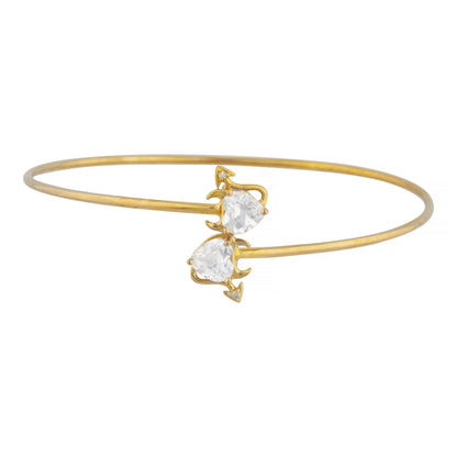 White Sapphire & Diamond Devil Heart Bangle Bracelet 14Kt Yellow Gold Rose Gold Silver