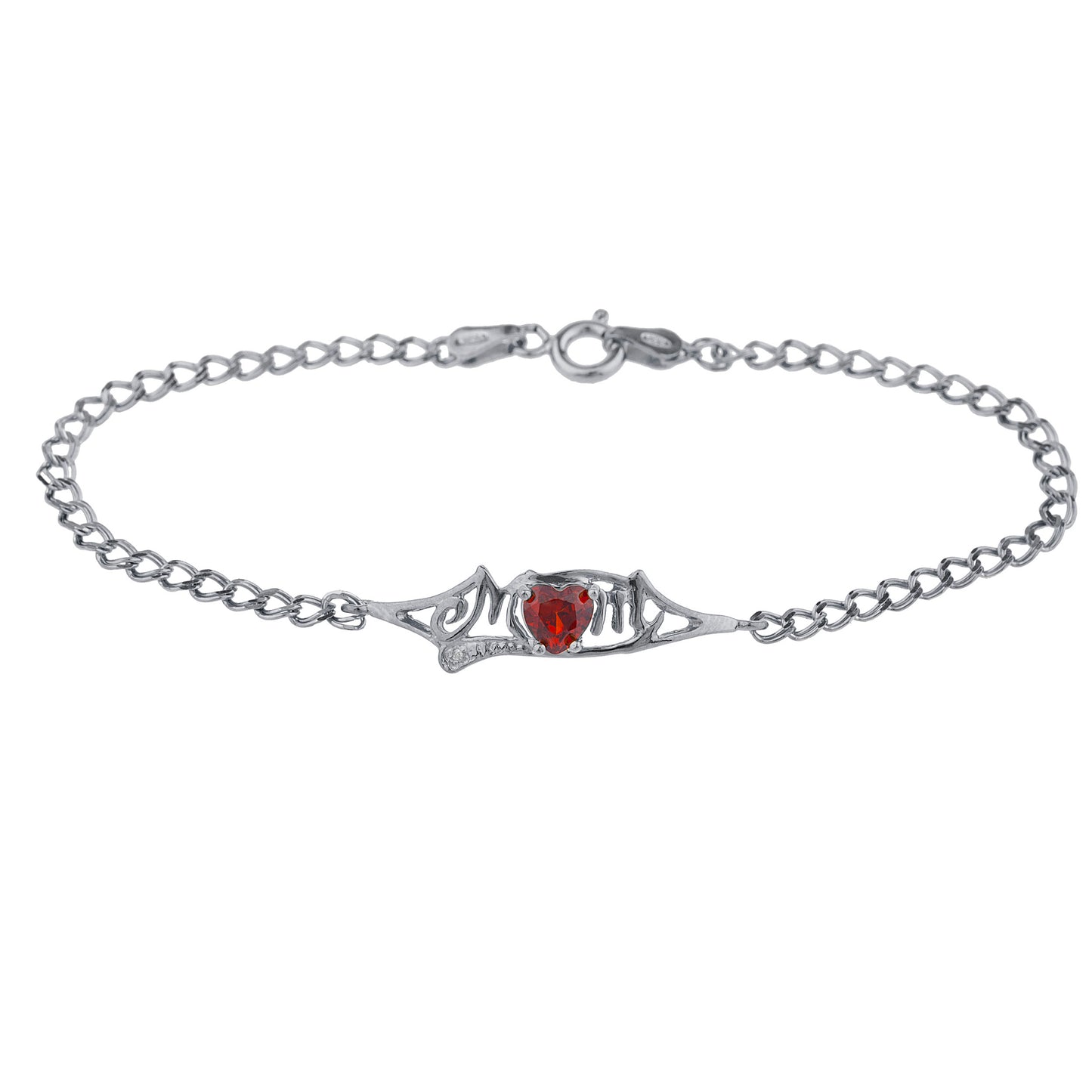 Garnet & Diamond Heart Mom Bracelet .925 Sterling Silver