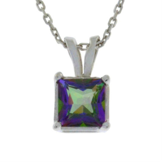 14Kt Gold Natural Mystic Topaz Princess Cut Pendant Necklace