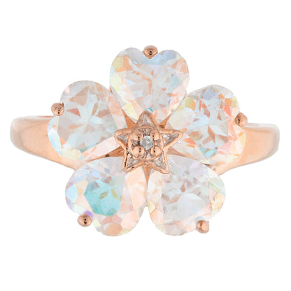 14Kt Gold Natural Mercury Mist Mystic Topaz & Diamond Heart Flower Design Ring