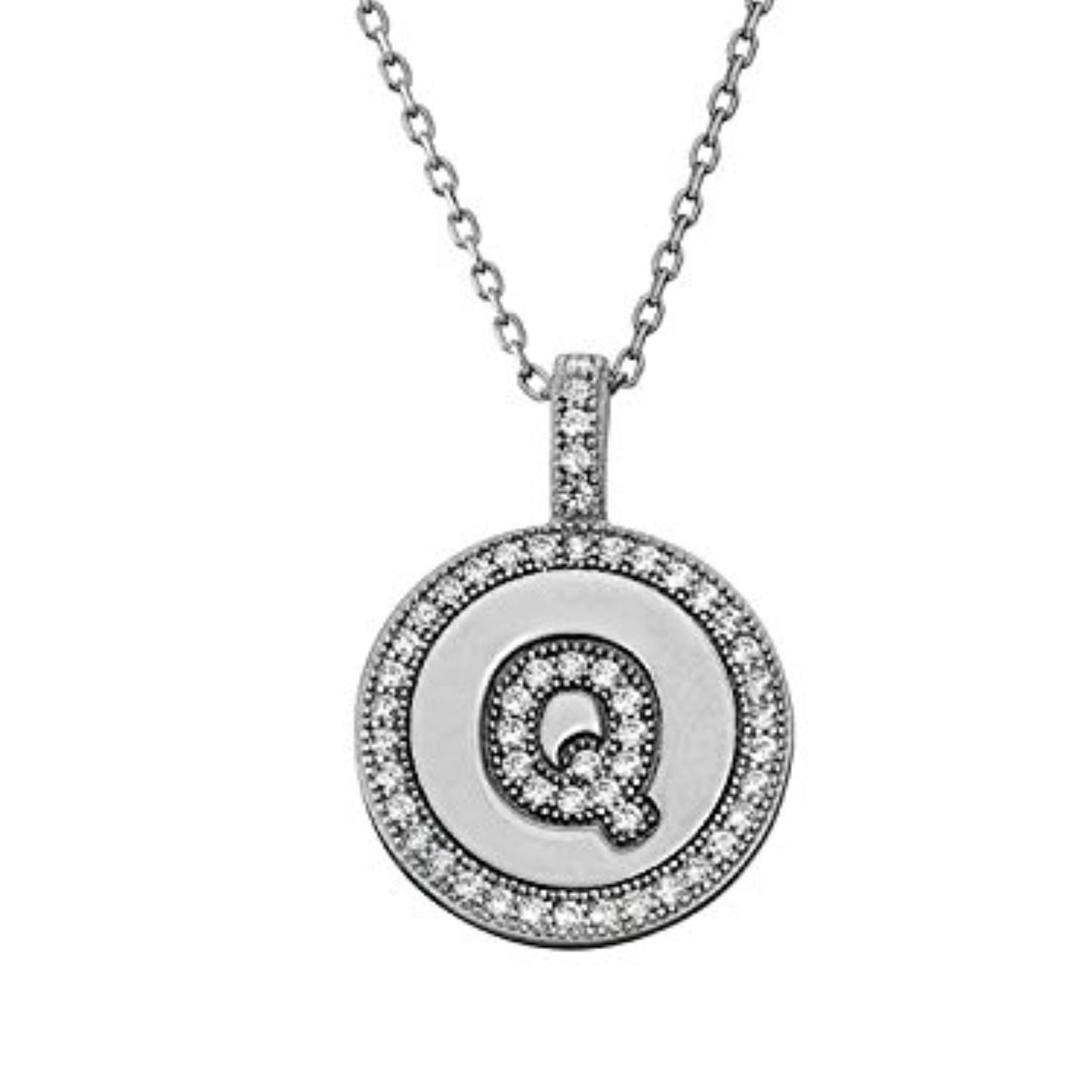 Letter Q Micro Pave Initial CZ Pendant .925 Sterling Silver