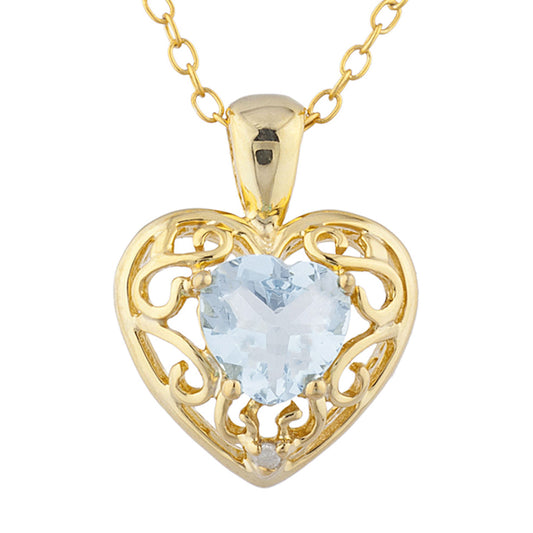 14Kt Yellow Gold Plated Aquamarine & Diamond Love Design Heart Pendant