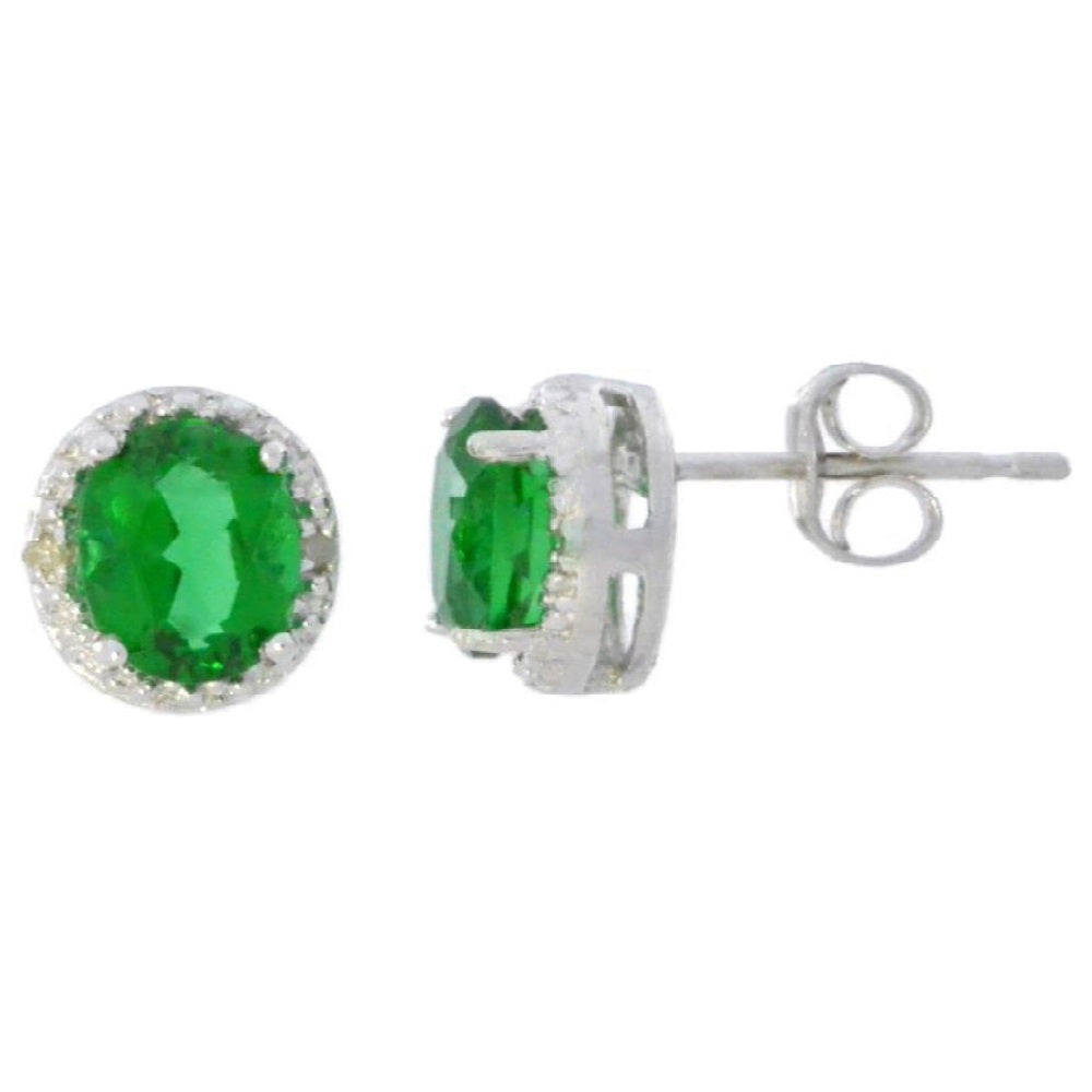 2 Ct Emerald & Diamond Round Stud Earrings .925 Sterling Silver