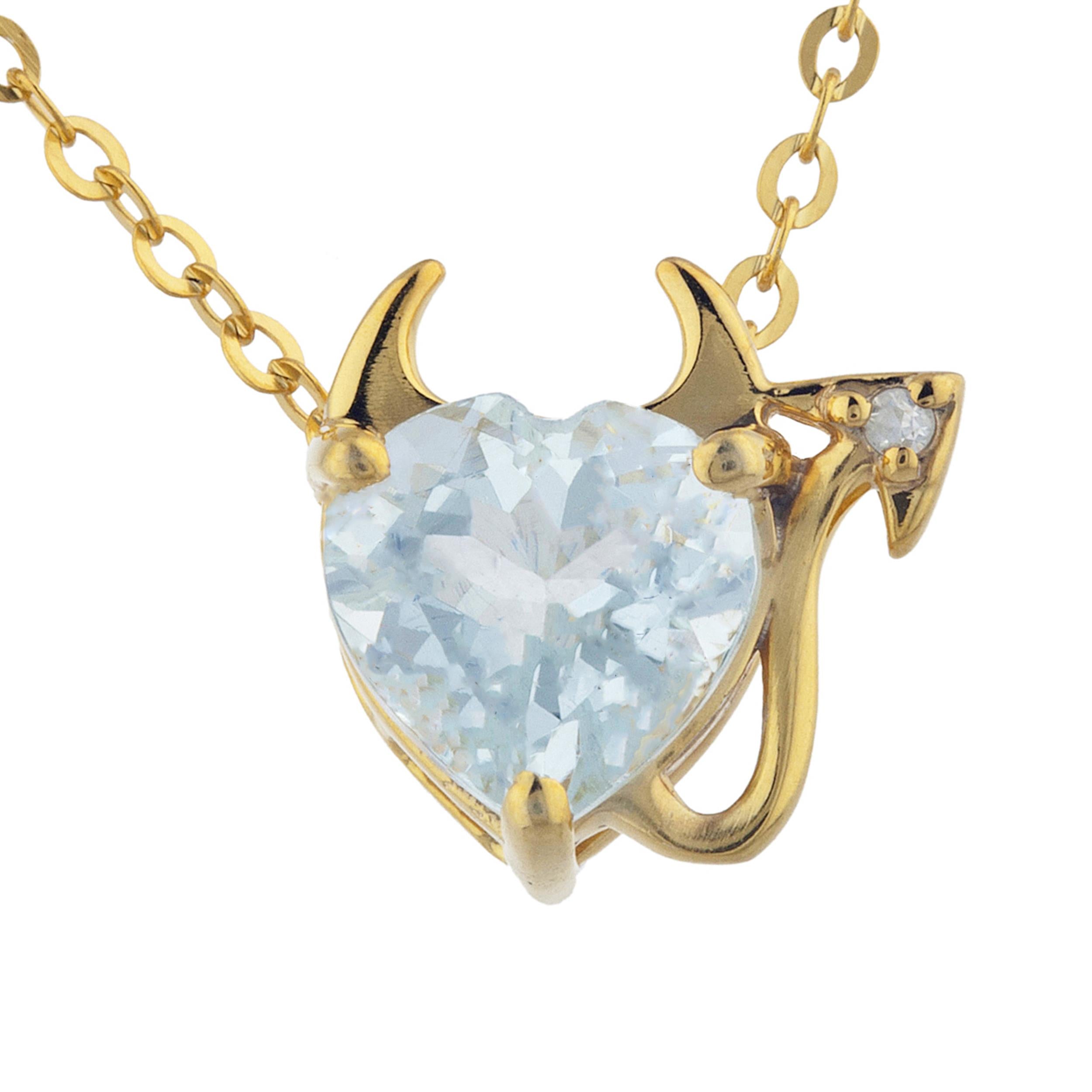 14Kt Gold 1.5 Ct Aquamarine & Diamond Devil Heart Pendant Necklace