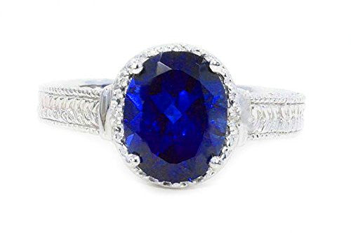 3 Ct Created Blue Sapphire & Diamond Oval Ring .925 Sterling Silver Rhodium Finish