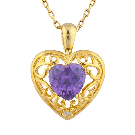 14Kt Yellow Gold Plated Amethyst & Diamond Love Design Heart Pendant