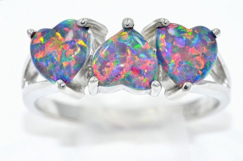 6mm Black Opal Heart Ring .925 Sterling Silver Rhodium Finish