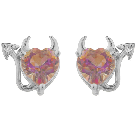 Natural Ecstasy Mystic Topaz & Diamond Devil Heart Stud Earrings .925 Sterling Silver