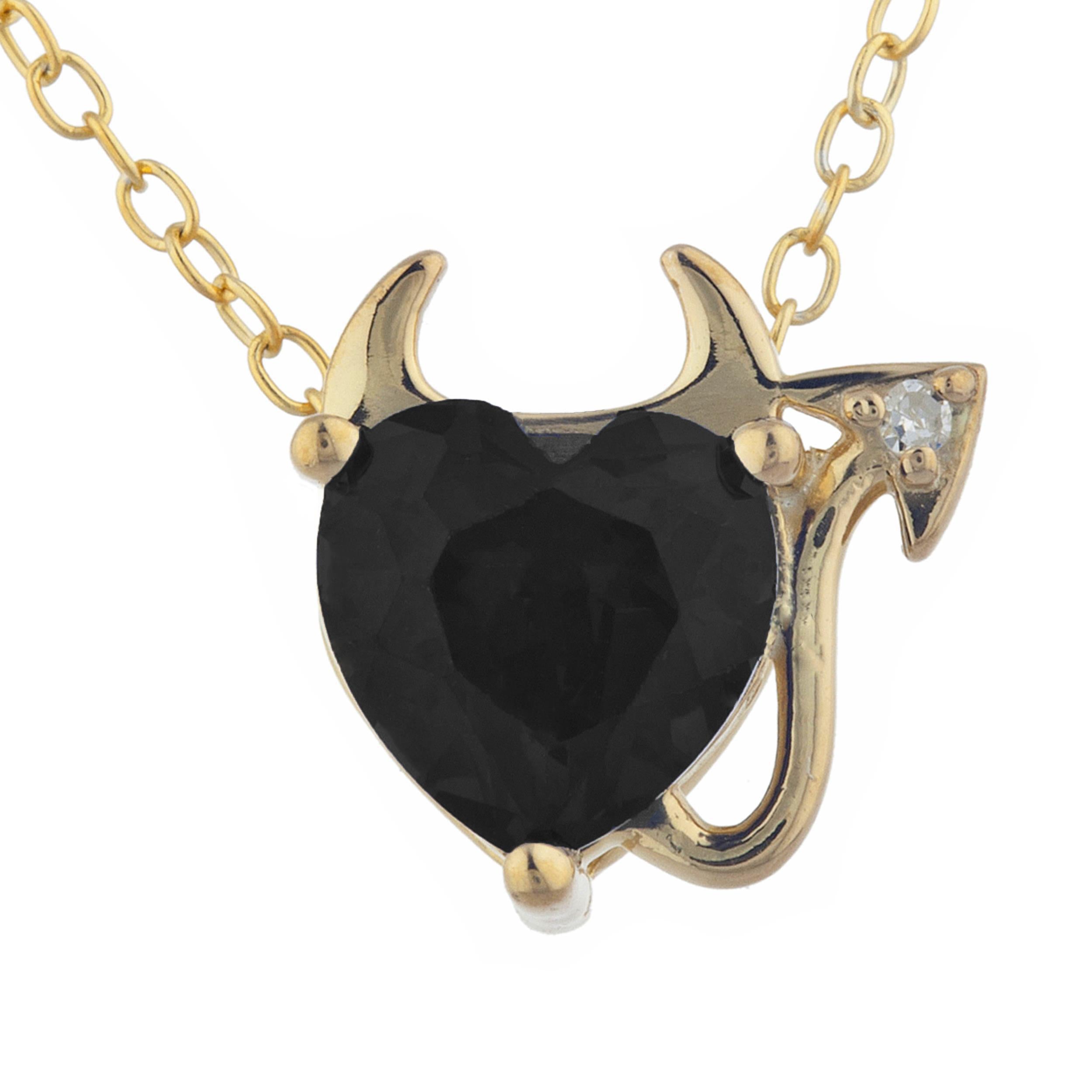 14Kt Gold 1.5 Ct Genuine Black Onyx & Diamond Devil Heart Pendant Necklace