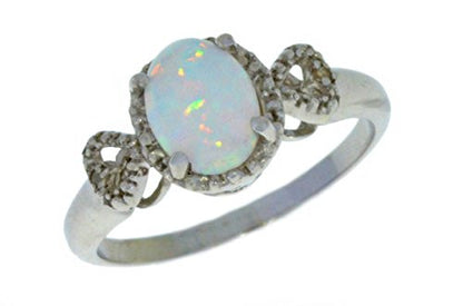 8x6mm Genuine Opal & Diamond Oval Heart Ring .925 Sterling Silver Rhodium Finish