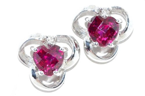 1 Ct Checkerboard Ruby Heart Diamond Stud Earrings .925 Sterling Silver