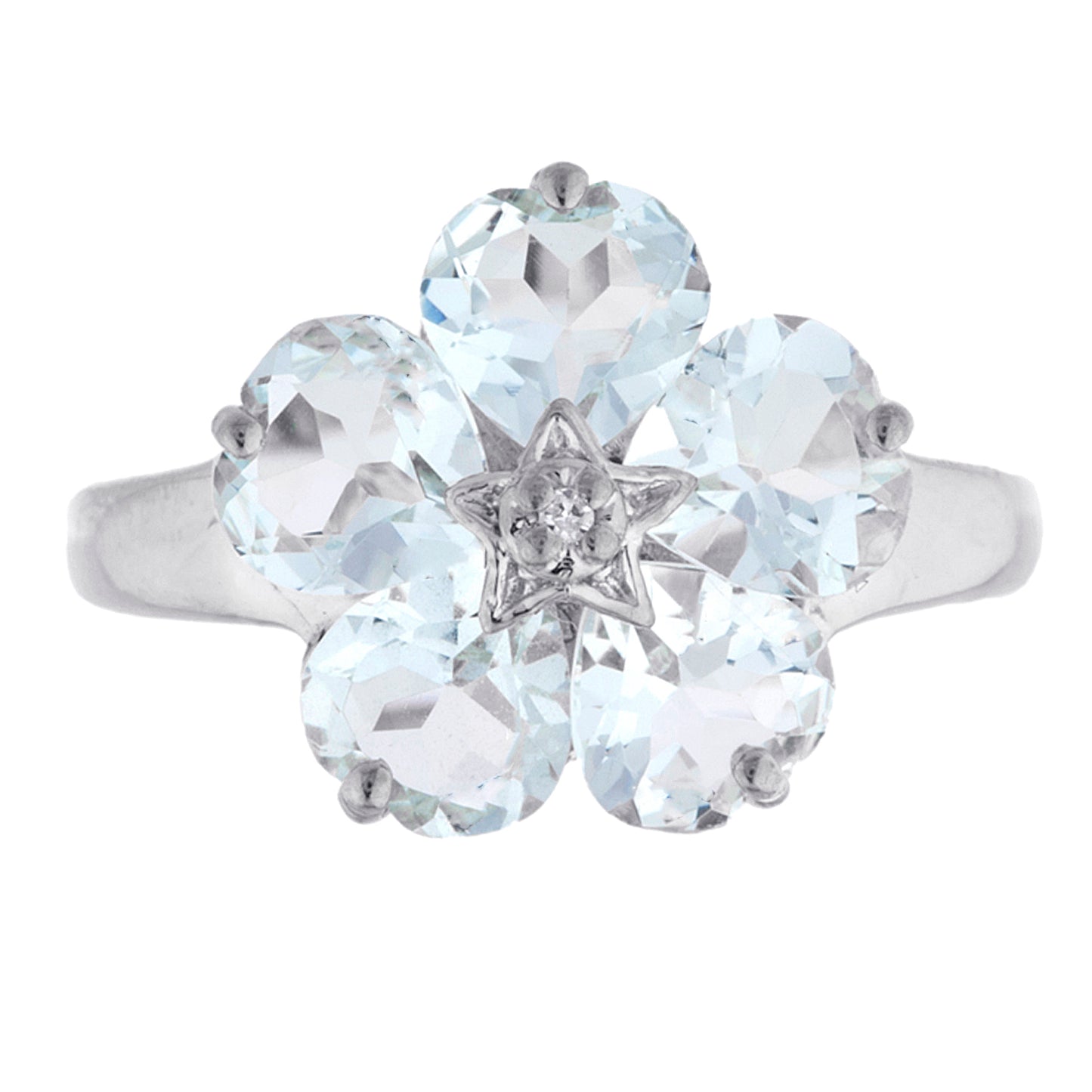 14Kt Gold Genuine Aquamarine & Diamond Heart Flower Design Ring