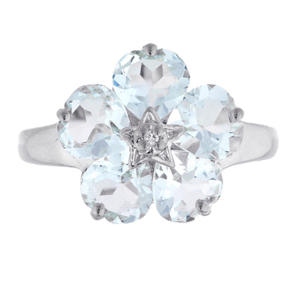 14Kt Gold Genuine Aquamarine & Diamond Heart Flower Design Ring