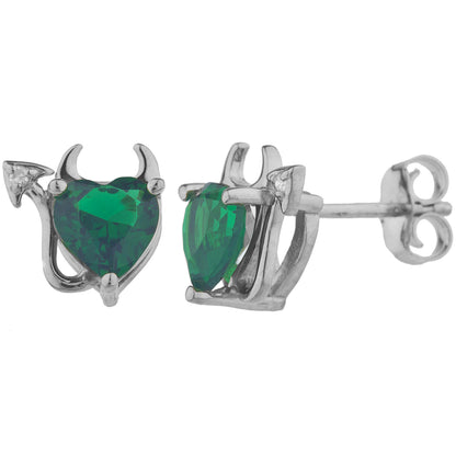 Emerald & Diamond Devil Heart Stud Earrings .925 Sterling Silver