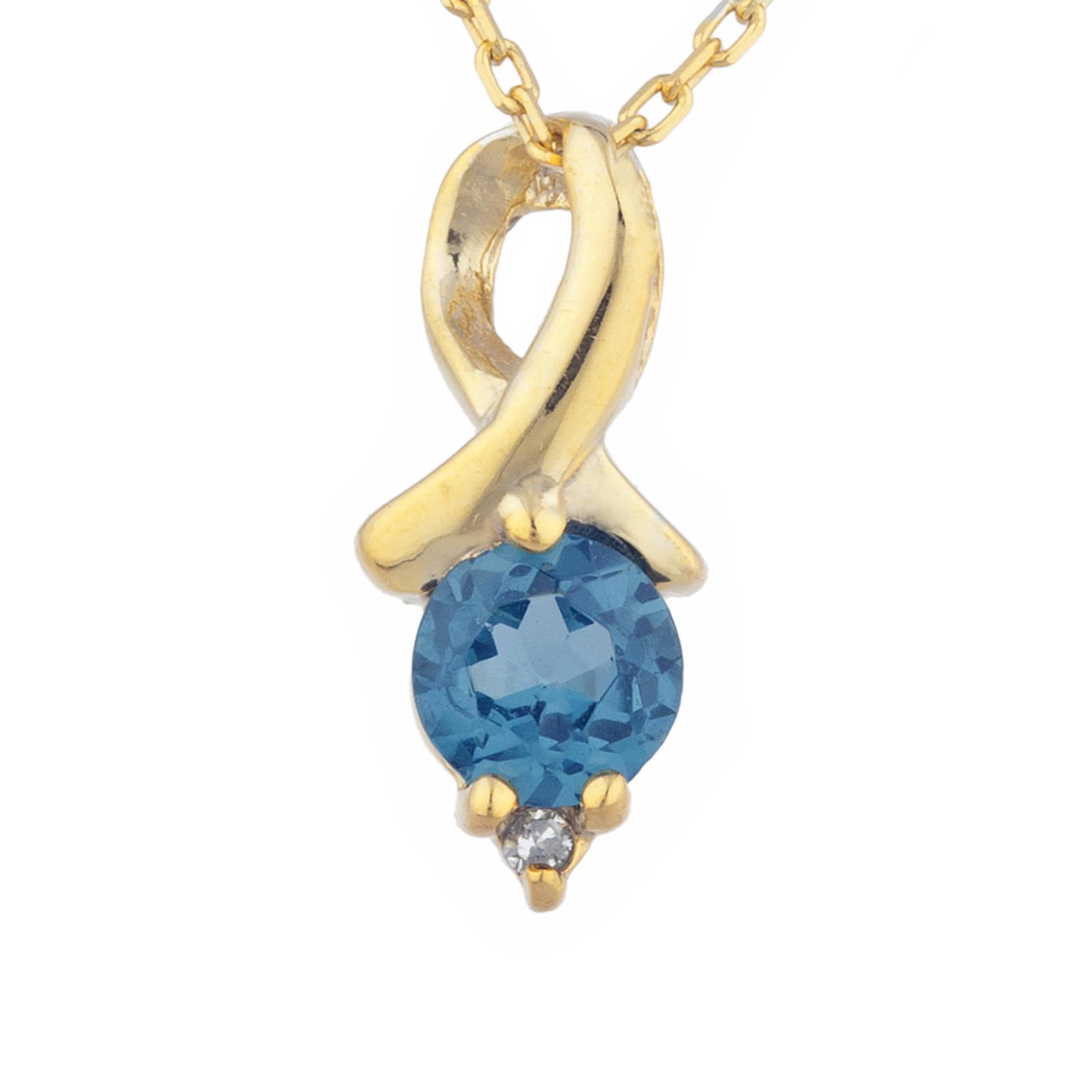 14Kt Gold London Blue Topaz & Diamond Round Design Pendant Necklace