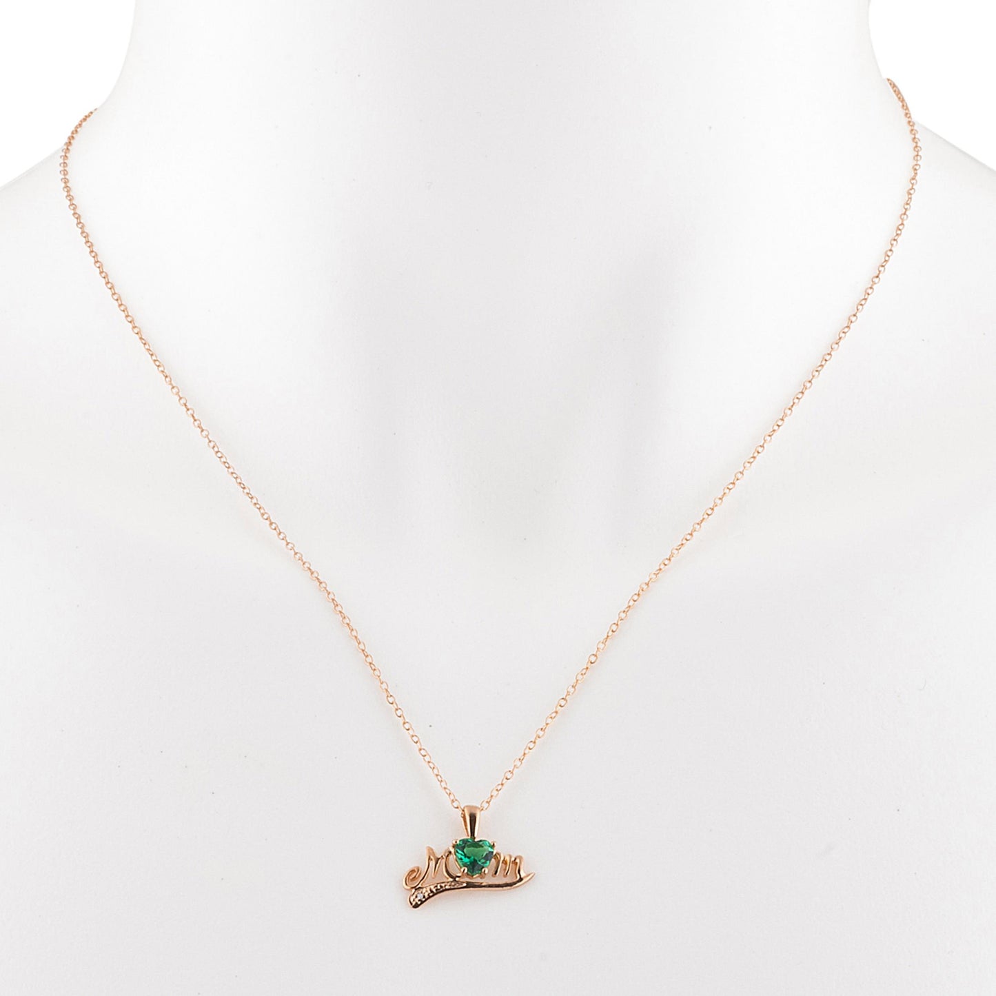 14Kt Rose Gold Plated Emerald & Diamond Heart Mom Pendant