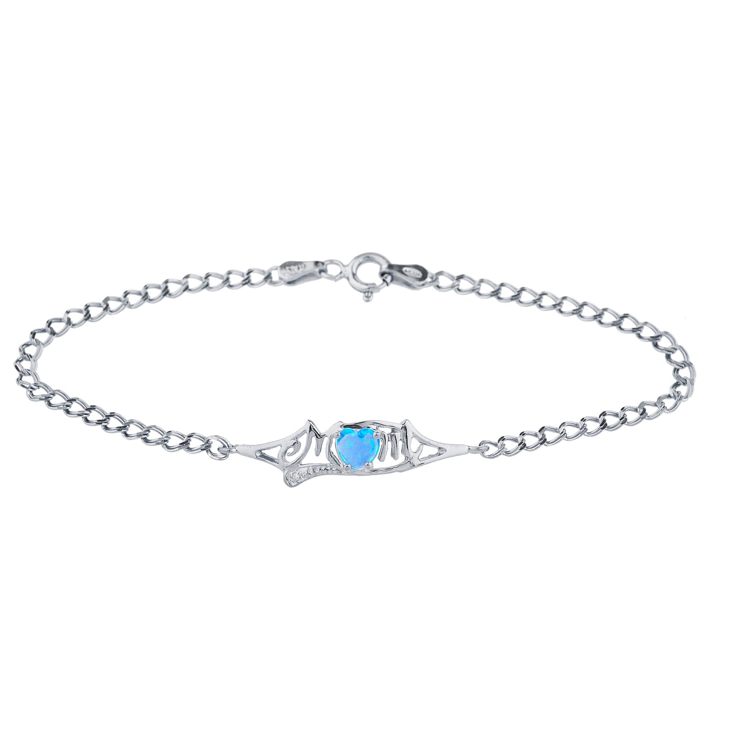 Blue Opal & Diamond Heart Mom Bracelet .925 Sterling Silver