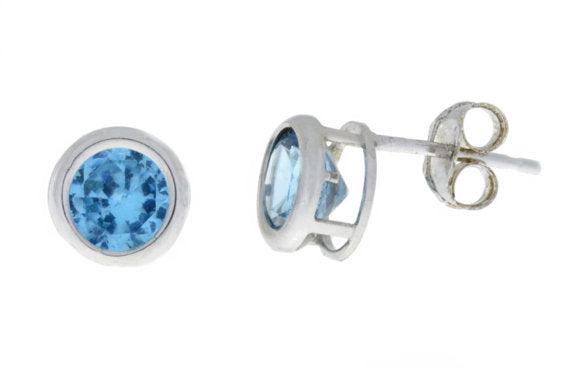 2 Ct Blue Topaz Round Bezel Stud Earrings .925 Sterling Silver