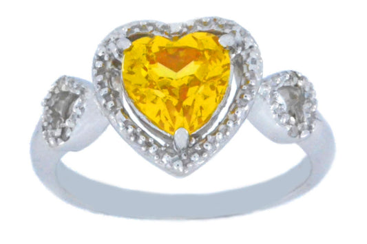 1.5 Ct Citrine & Diamond Heart Ring .925 Sterling Silver Rhodium Finish