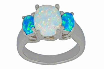 10x8mm White Opal & Blue Opal Oval Ring .925 Sterling Silver Rhodium Finish