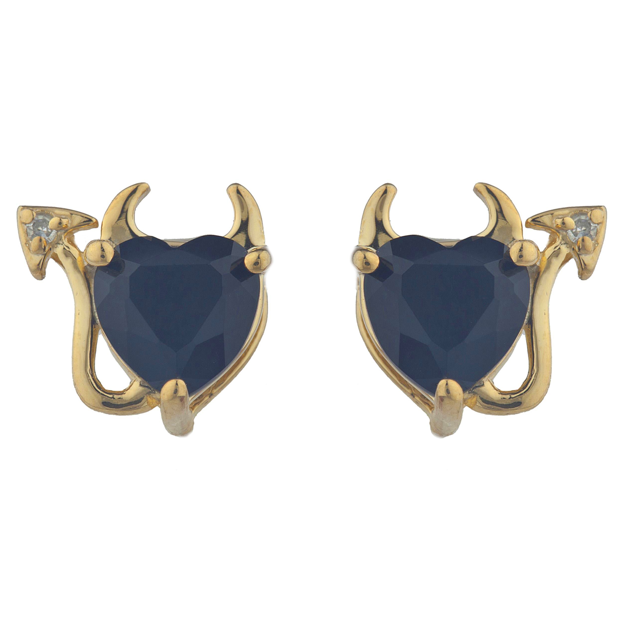 14Kt Gold Genuine Black Onyx & Diamond Devil Heart Stud Earrings