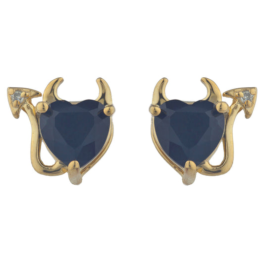 14Kt Gold Genuine Black Onyx & Diamond Devil Heart Stud Earrings