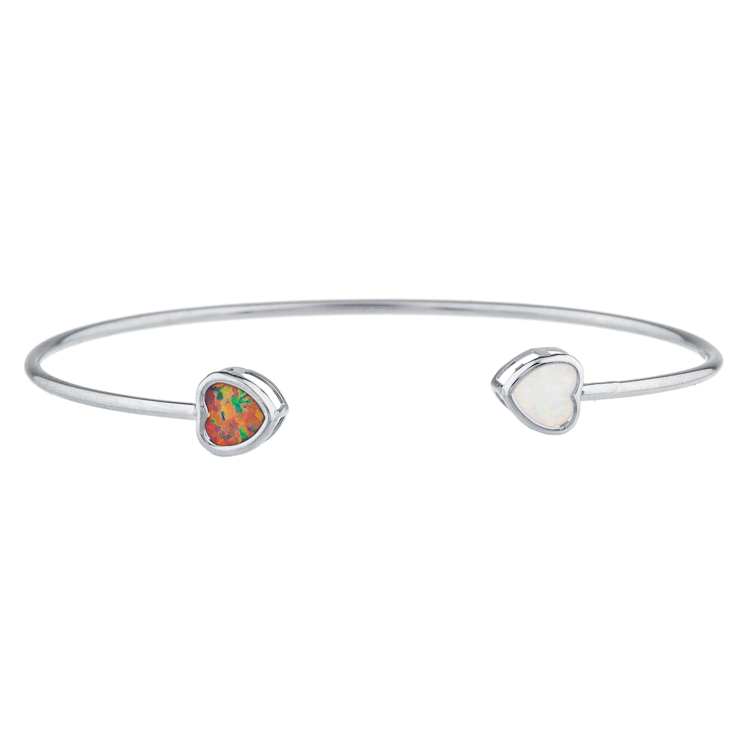 Black & White Opal Heart Bezel Bangle Bracelet .925 Sterling Silver