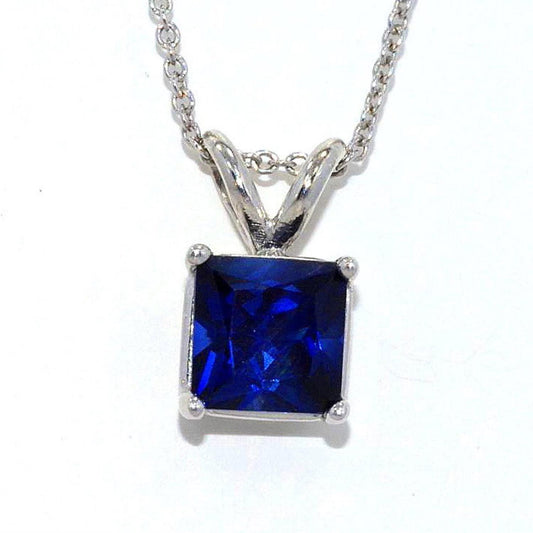 14Kt Gold Blue Sapphire Princess Cut Pendant Necklace