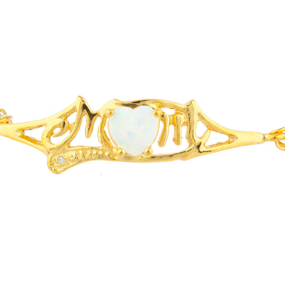 Opal & Diamond Heart Mom Bracelet 14Kt Yellow Gold Plated Over .925 Sterling Silver