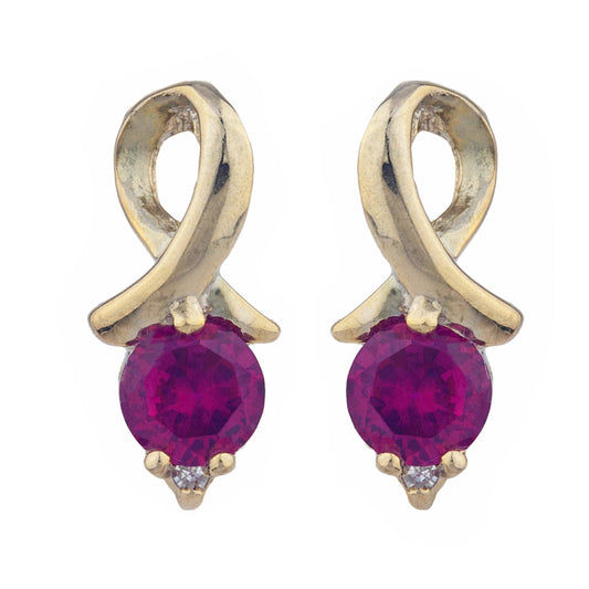 14Kt Gold Created Ruby & Diamond Round Design Stud Earrings