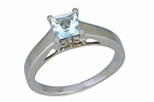 0.50 Ct Genuine Aquamarine & Diamond Princess Cut Ring .925 Sterling Silver Rhodium Finish