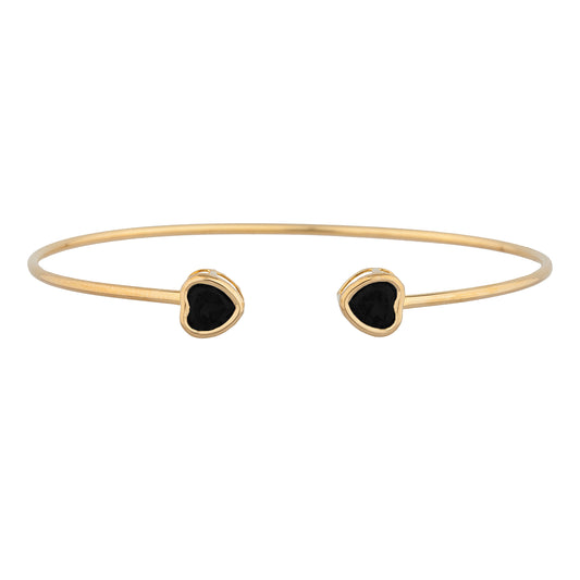 14Kt Yellow Gold Plated Genuine Black Onyx Heart Bezel Bangle Bracelet