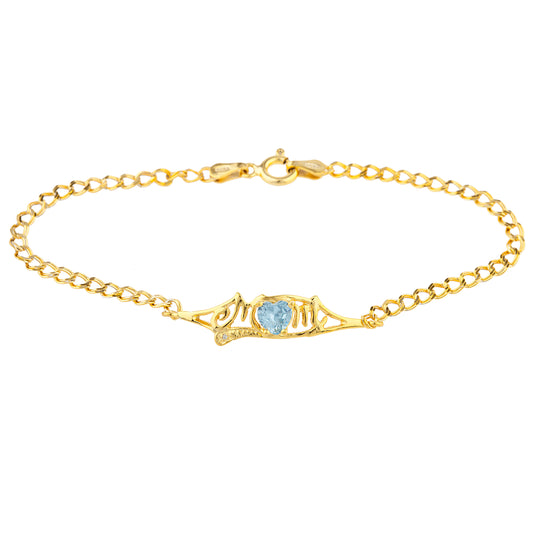 Aquamarine & Diamond Heart Mom Bracelet 14Kt Yellow Gold Plated Over .925 Sterling Silver