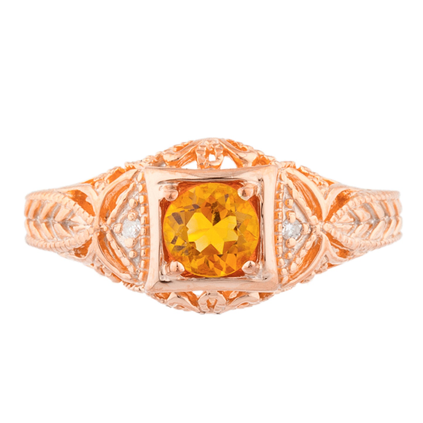 14Kt Gold Orange Citrine & Diamond Design Round Ring