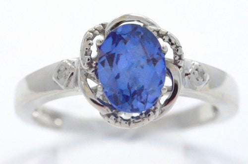 2 Ct Tanzanite & Diamond Oval Ring .925 Sterling Silver Rhodium Finish