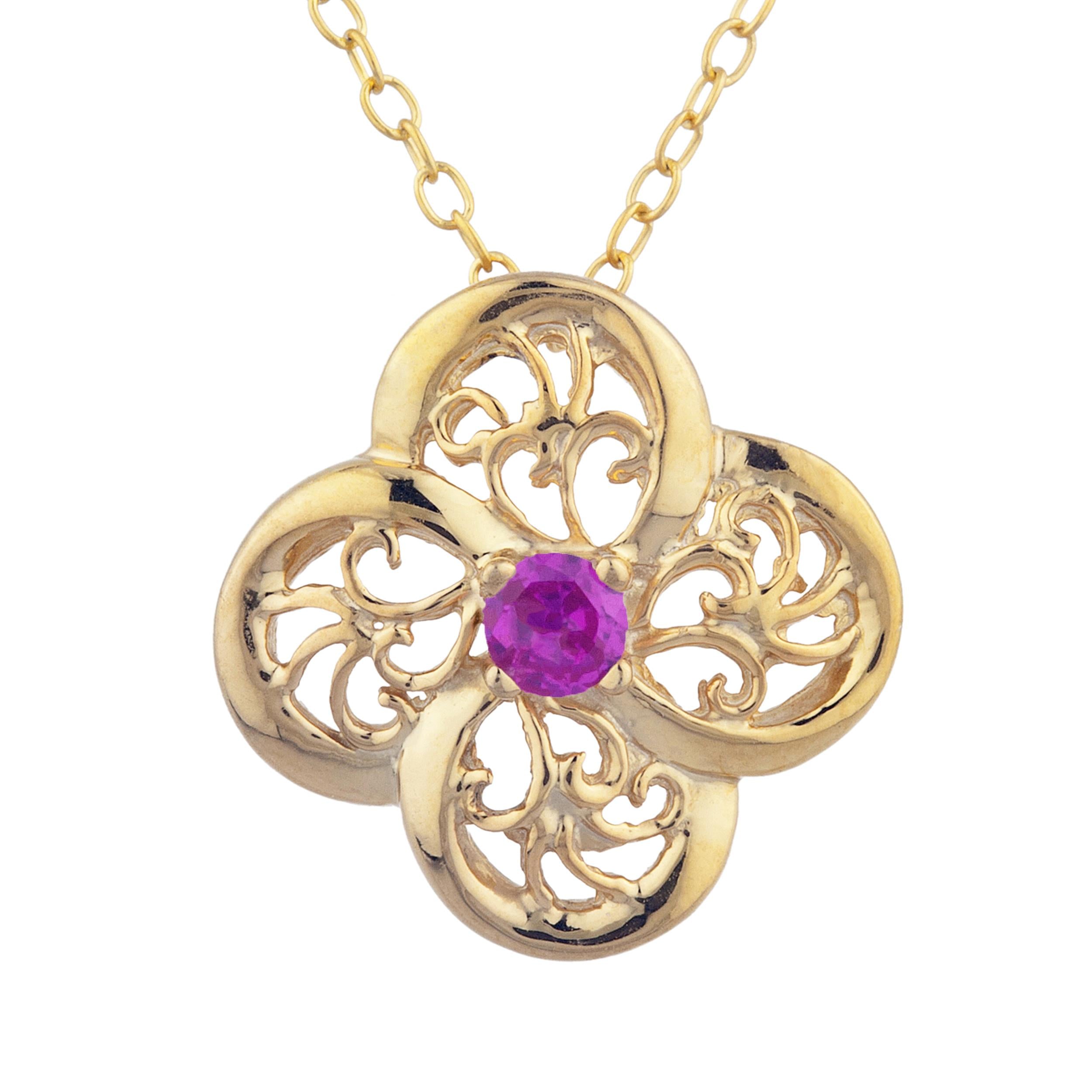 14Kt Gold Created Ruby Clover Design Pendant Necklace