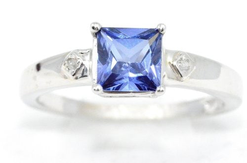 1 Ct Tanzanite & Diamond Princess Cut Ring .925 Sterling Silver Rhodium Finish