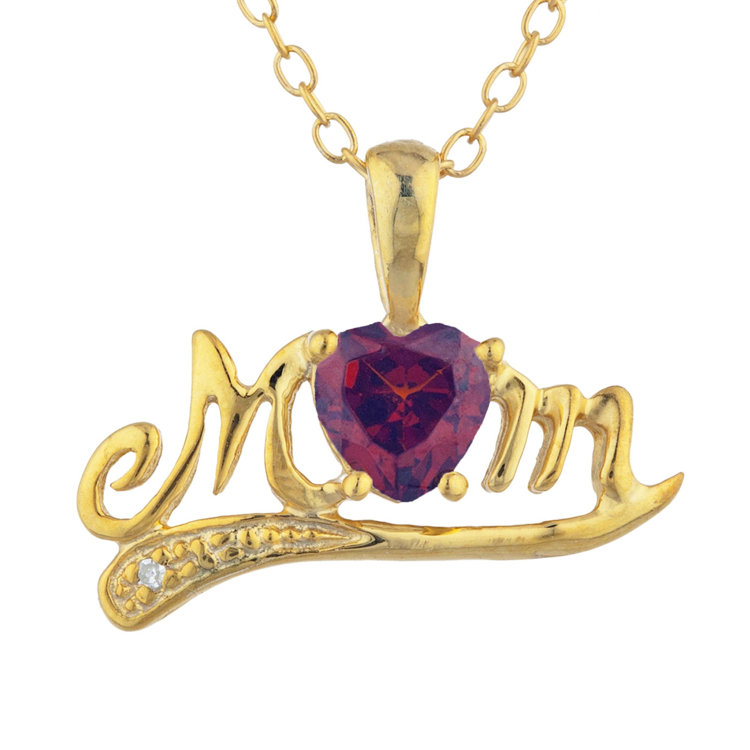 14Kt Gold Garnet & Diamond Heart Mom Pendant Necklace