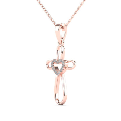 14Kt Rose Gold Genuine Natural Diamond Cross Heart Pendant Necklace