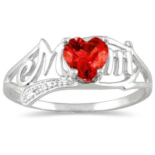 .50 Ct Garnet Heart & Diamond Mom Ring .925 Sterling Silver Rhodium Finish