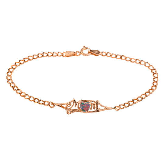 Black Opal & Diamond Heart Mom Bracelet 14Kt Rose Gold Plated Over .925 Sterling Silver