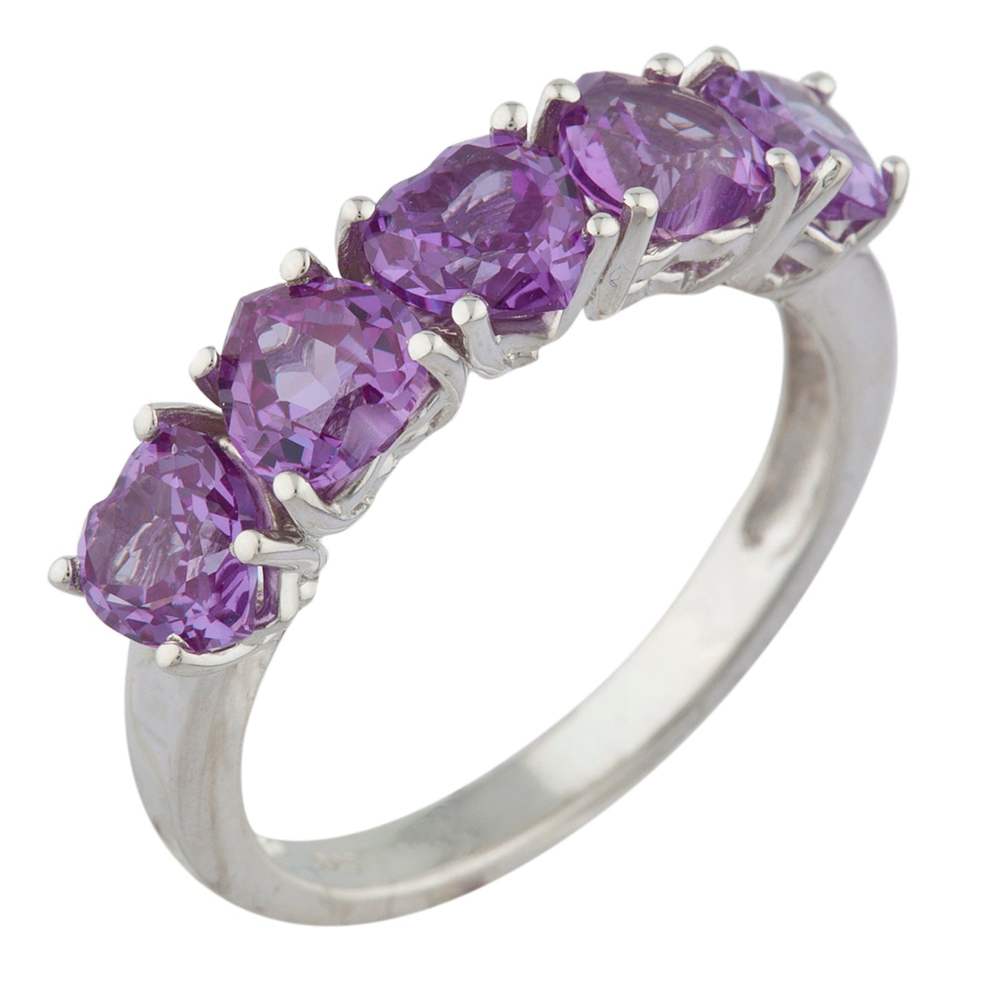 5 Hearts Amethyst Heart Ring .925 Sterling Silver Rhodium Finish